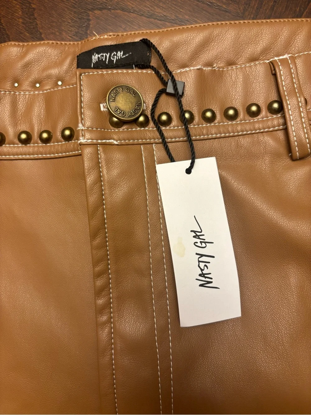 NWT Nasty Gal Tan Premium Faux Leather Studded Shorts- Size 12 - Picture 2 of 7